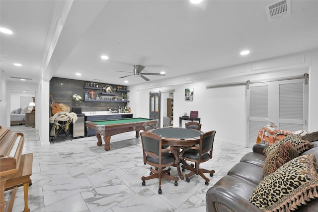 rec room featuring visible vents, marble finish floor, billiards, and a barn door