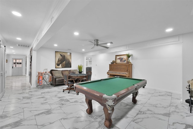 playroom with a ceiling fan, baseboards, visible vents, recessed lighting, and marble finish floor