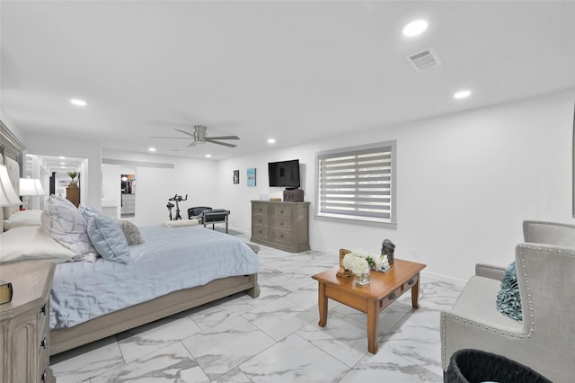 bedroom with visible vents, baseboards, ceiling fan, recessed lighting, and marble finish floor