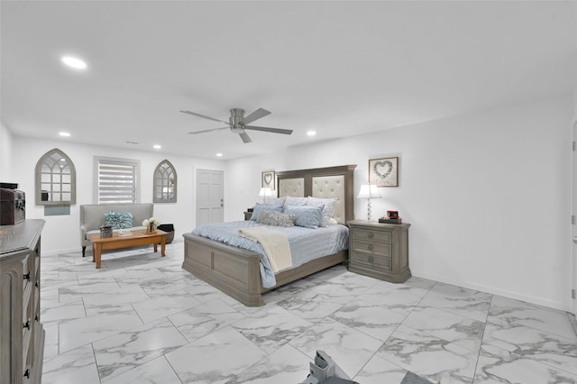 bedroom featuring recessed lighting, marble finish floor, baseboards, and ceiling fan