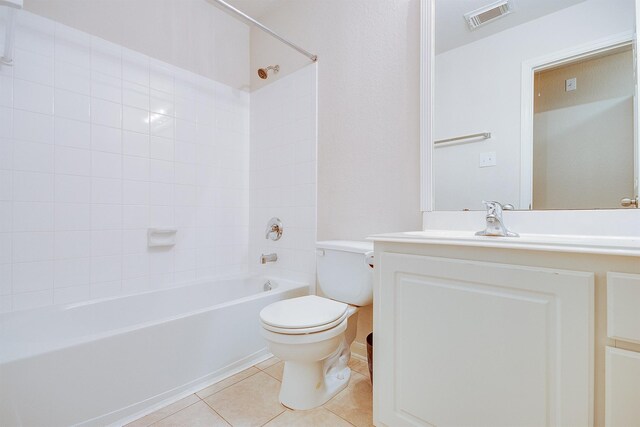 full bath featuring visible vents, toilet, vanity,  shower combination, and tile patterned floors