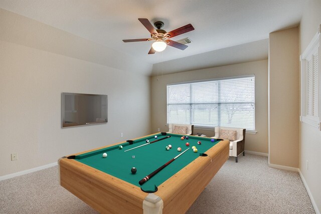 playroom featuring baseboards, visible vents, ceiling fan, pool table, and carpet flooring