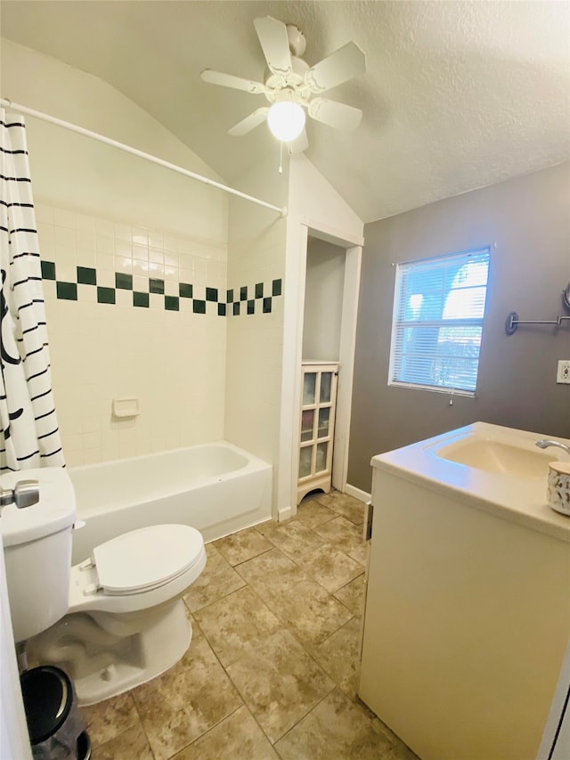 bathroom with toilet, lofted ceiling, shower / bath combination with curtain, vanity, and a textured ceiling