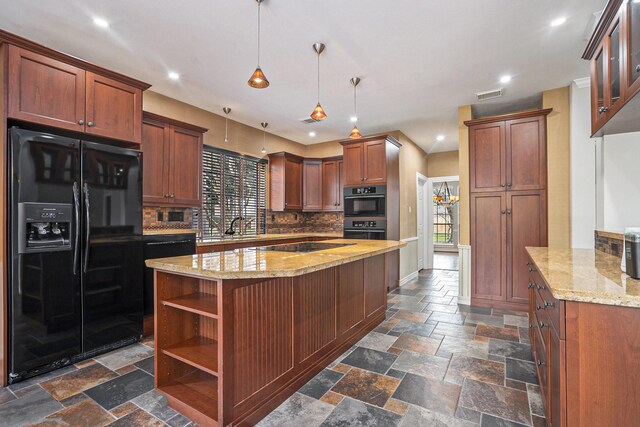 kitchen featuring stone tile floors, tasteful backsplash, light stone counters, black appliances, and open shelves