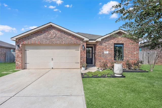 single story home featuring brick siding, an attached garage, a front yard, fence, and driveway