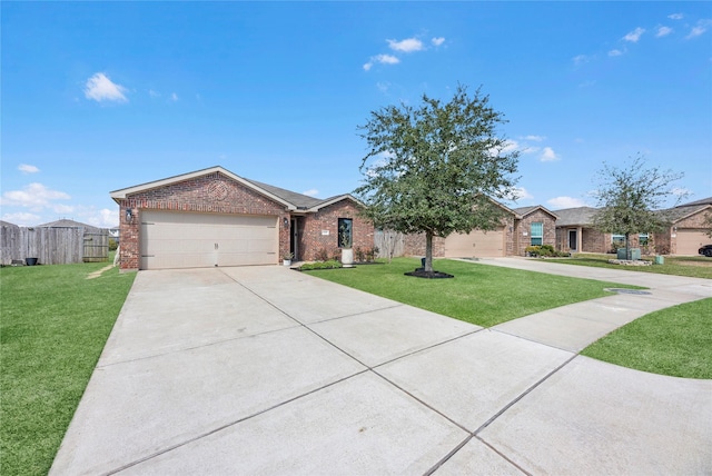 ranch-style house with brick siding, an attached garage, a front yard, fence, and driveway