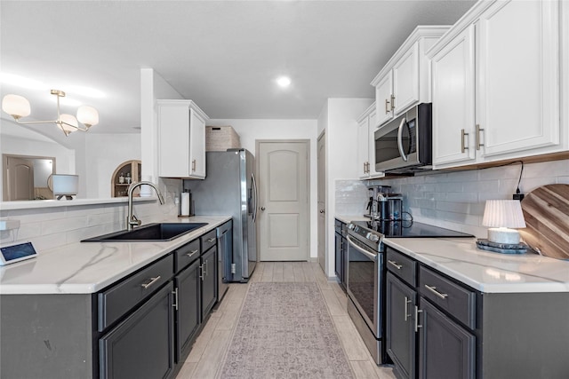 kitchen featuring stainless steel appliances, white cabinets, a sink, and tasteful backsplash