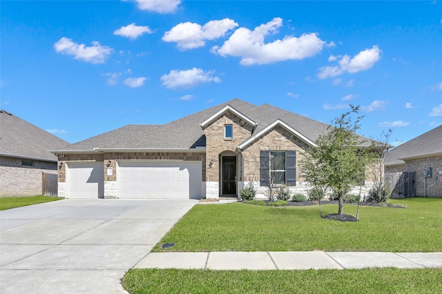 view of front of property with an attached garage, brick siding, concrete driveway, roof with shingles, and a front yard