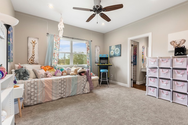 carpeted bedroom with baseboards, a ceiling fan, and recessed lighting