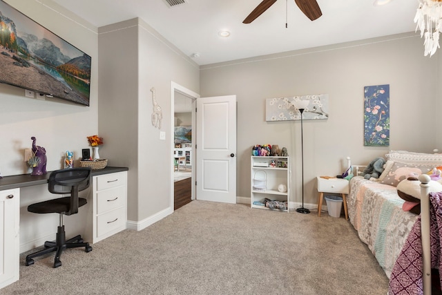 bedroom with recessed lighting, light colored carpet, ceiling fan, and baseboards