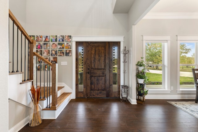 entrance foyer with wood finished floors, a wealth of natural light, and crown molding