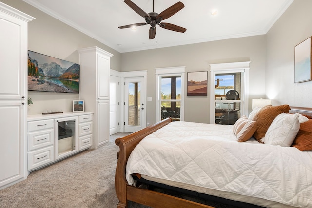 bedroom featuring light carpet, access to outside, ornamental molding, and ceiling fan
