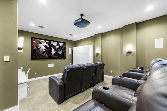 cinema room with recessed lighting, baseboards, visible vents, and light colored carpet