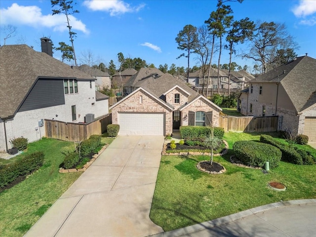 view of front of property featuring a residential view, fence, and concrete driveway