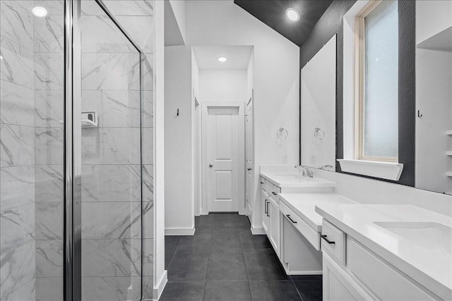 full bath featuring double vanity, recessed lighting, a shower stall, tile patterned flooring, and baseboards