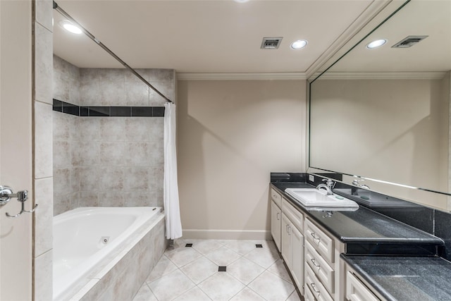 full bath featuring ornamental molding, tiled shower / bath combo, tile patterned flooring, and visible vents