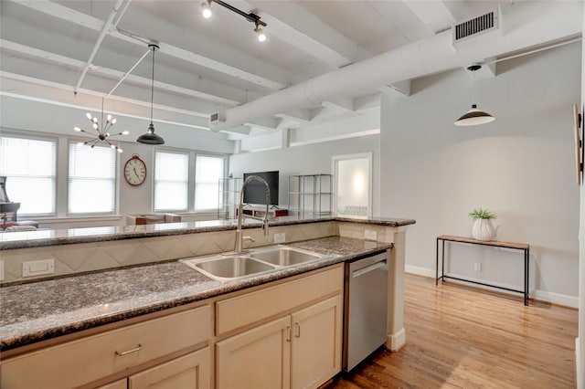 kitchen with a sink, visible vents, light wood-style floors, open floor plan, and stainless steel dishwasher