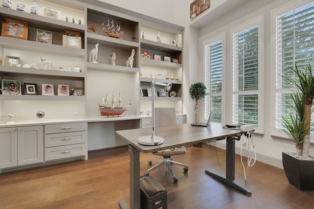 office featuring baseboards, wood finished floors, and built in study area