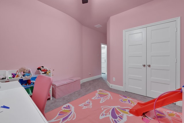 bedroom with light carpet, visible vents, baseboards, and a ceiling fan