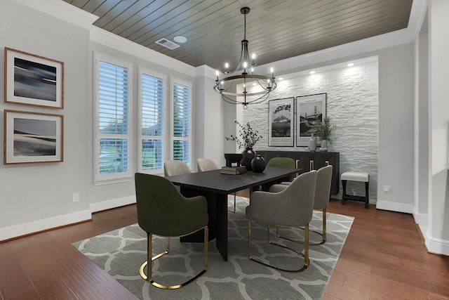 dining space featuring wood ceiling, ornamental molding, visible vents, and a notable chandelier