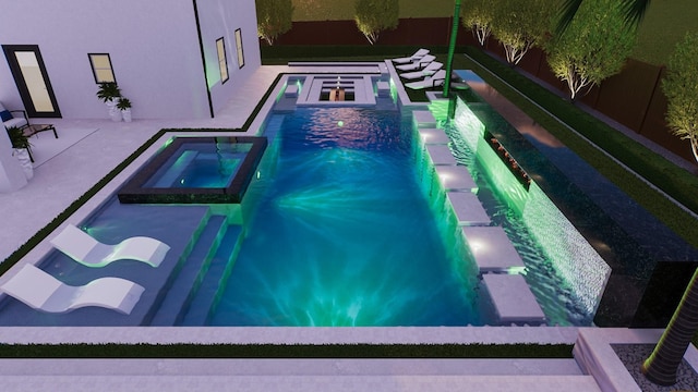 view of pool featuring a patio area, fence, and a pool with connected hot tub