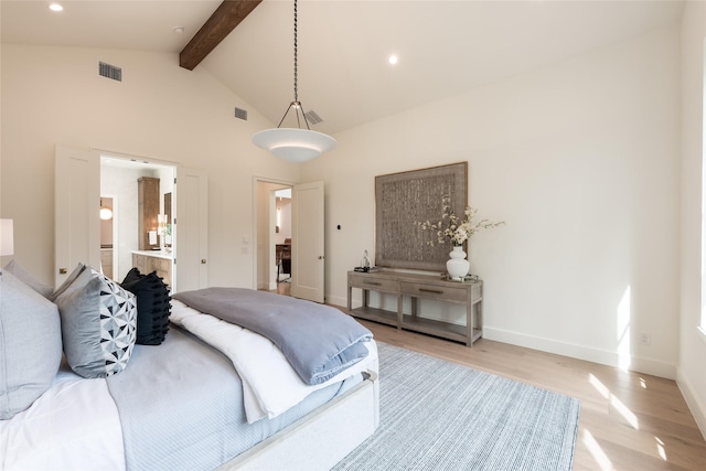 bedroom featuring recessed lighting, visible vents, light wood-style floors, beamed ceiling, and baseboards