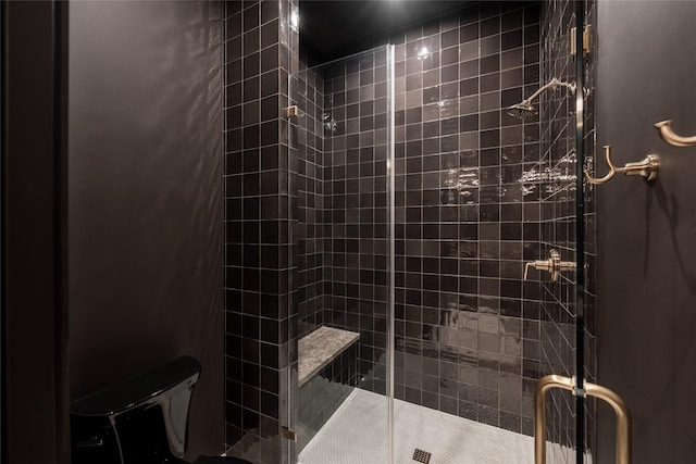 bathroom with a stall shower and toilet