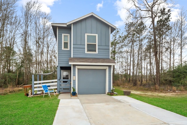 view of front of home featuring concrete driveway, a shingled roof, board and batten siding, and a front yard