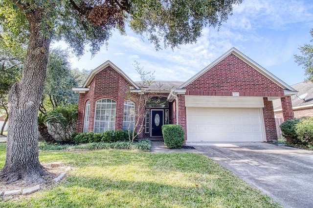 single story home with a garage, concrete driveway, brick siding, and a front lawn