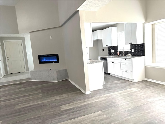 kitchen with wood finished floors, white cabinetry, stainless steel dishwasher, backsplash, and a glass covered fireplace