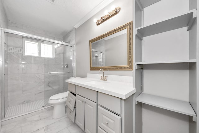 full bath featuring toilet, marble finish floor, vanity, and a stall shower