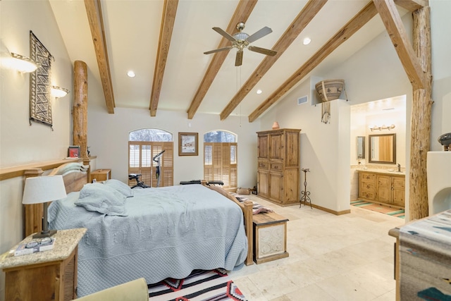 bedroom featuring baseboards, beamed ceiling, high vaulted ceiling, and visible vents