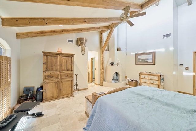 bedroom featuring visible vents, high vaulted ceiling, beamed ceiling, and ceiling fan