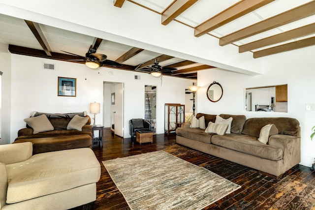 living area featuring dark wood-style floors, ceiling fan, beamed ceiling, and visible vents