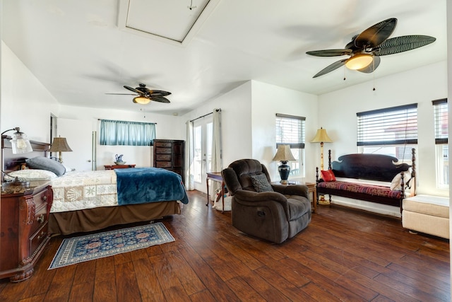 bedroom with wood-type flooring and ceiling fan