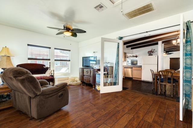 living room featuring ceiling fan, dark wood-style flooring, and visible vents