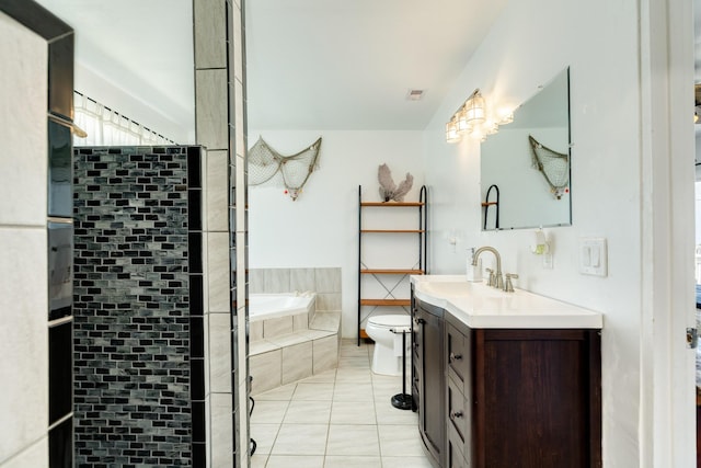 full bath with toilet, a tile shower, vanity, tile patterned flooring, and a bath