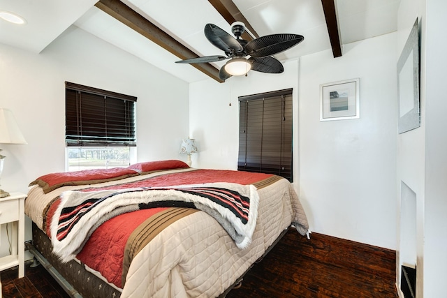 bedroom featuring ceiling fan, dark wood finished floors, beam ceiling, and recessed lighting