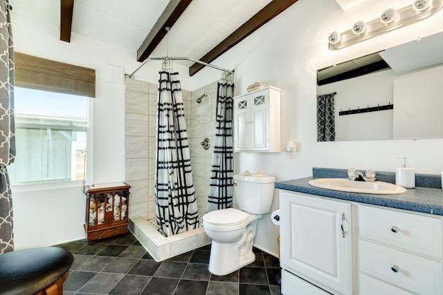 bathroom with toilet, a shower stall, vanity, beamed ceiling, and tile patterned floors