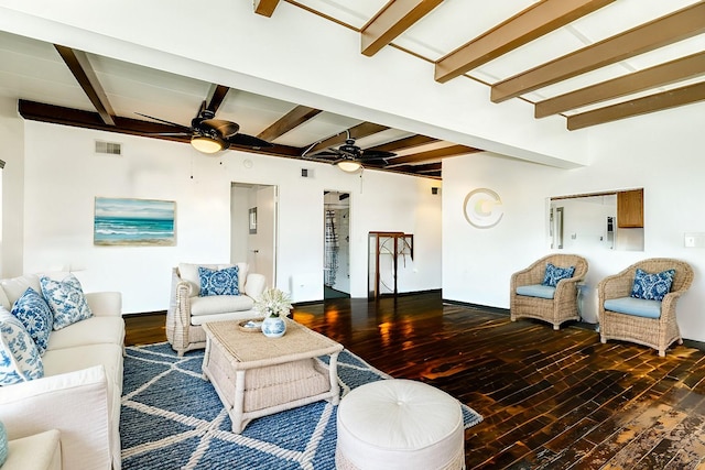 226 Jettyview Rd, Surfside Beach, TX 77541 - living area featuring a ceiling fan, beamed ceiling, and hardwood / wood-style flooring