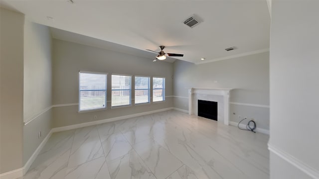 unfurnished living room featuring marble finish floor, a fireplace, visible vents, and baseboards