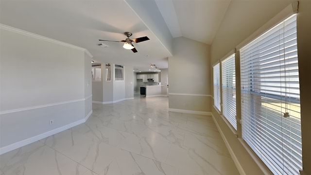 empty room with visible vents, baseboards, lofted ceiling, ceiling fan, and marble finish floor