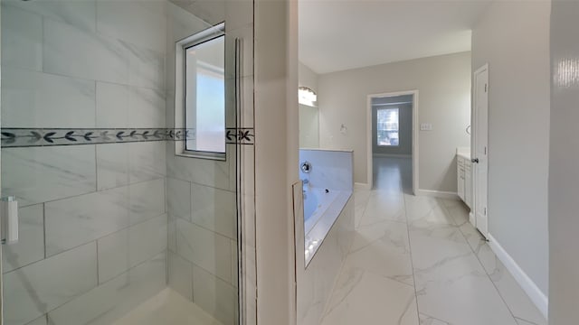 full bathroom with marble finish floor, a shower stall, vanity, baseboards, and a bath