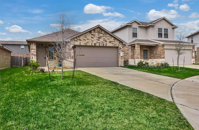 view of front of home featuring fence, a front lawn, concrete driveway, and brick siding