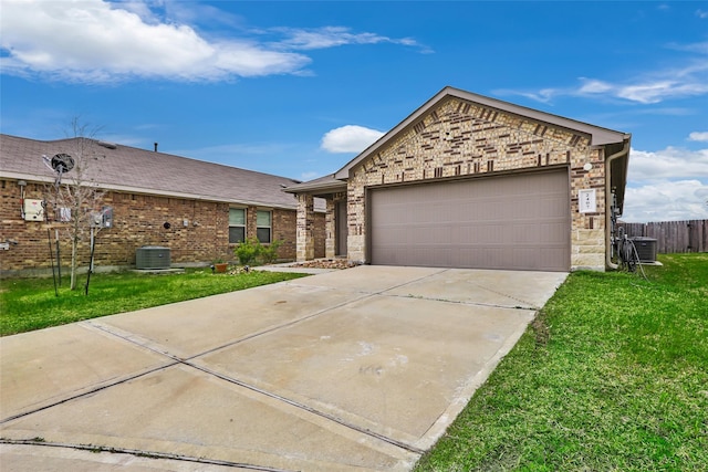 ranch-style house featuring brick siding, concrete driveway, an attached garage, cooling unit, and a front lawn