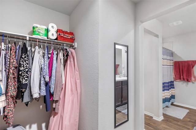 walk in closet with a sink and wood finished floors