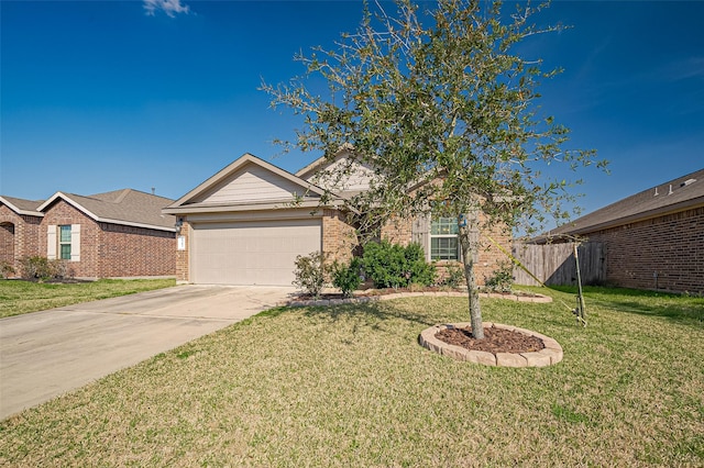 ranch-style home featuring concrete driveway, an attached garage, fence, a front lawn, and brick siding