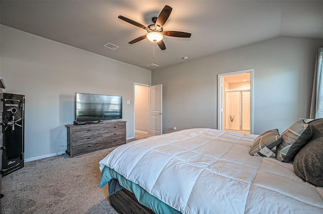 bedroom with lofted ceiling, a ceiling fan, visible vents, baseboards, and carpet