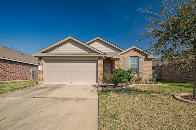 ranch-style home with brick siding, concrete driveway, fence, a garage, and a front lawn