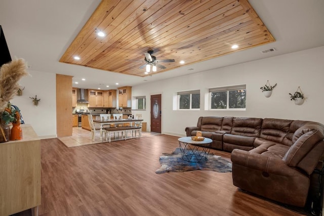 living area featuring light wood finished floors, recessed lighting, visible vents, wood ceiling, and ceiling fan